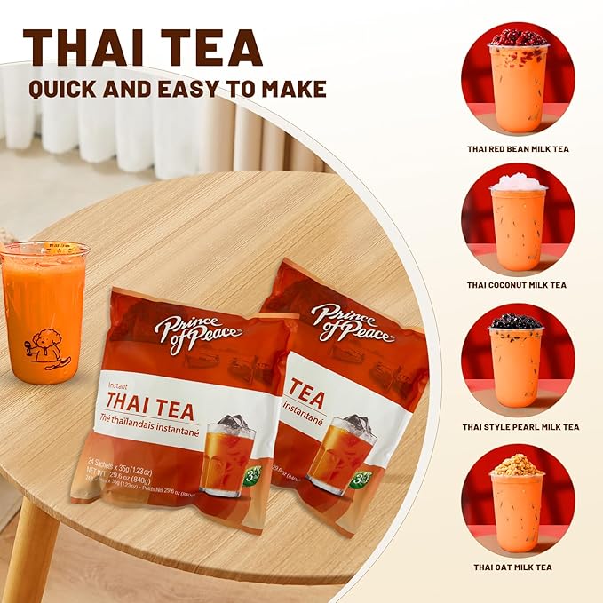Prince of Peace 3 in 1 Instant Thai Tea Beverage, 24 Sachets Value Size – Instant Hot or Cold Beverage – Easy to Brew – Made with Authentic Thai Tea Recipe, Rich and Creamy Taste – Just Add Water