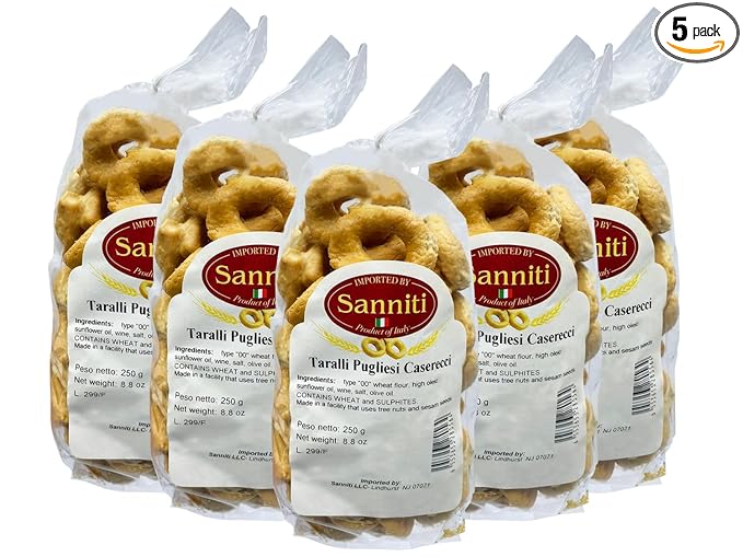 Sanniti Italian Taralli Pugliese Caserecci Tradizionale, 8.8 oz (Pack 5)