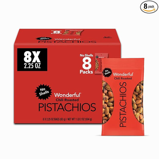 Wonderful Pistachios No Shells, Chili Roasted Nuts, 2.25 Ounce (Pack of 8), Protein Snacks, Gluten Free, Pantry Staples, Healthy Office Snacks