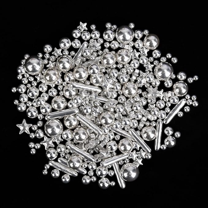 Twisweet Silver Pearl Rods Star Sprinkles, Edible Sugar Sprinkles for Cake Decorating, Mix Size Candy Pearls for Baking Cake Topper Ice Cream Cupcake Cookie Dessert Decorations, Wedding Valentines Birthday Christmas Easter Supplies (130g/4.58oz)
