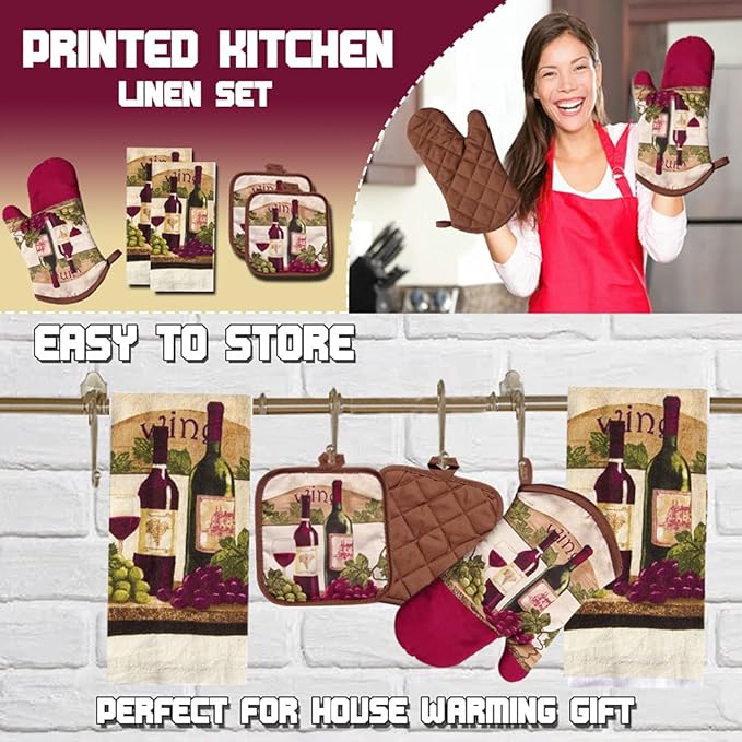 Lobyn Value Packs - Wine Lover?셲 Kitchen Set: 5 Pieces with Grape & Wine Bottle Motif, includes 2 Artistic Dish Towels, Oven Mitt, and 2 Quilted Potholders