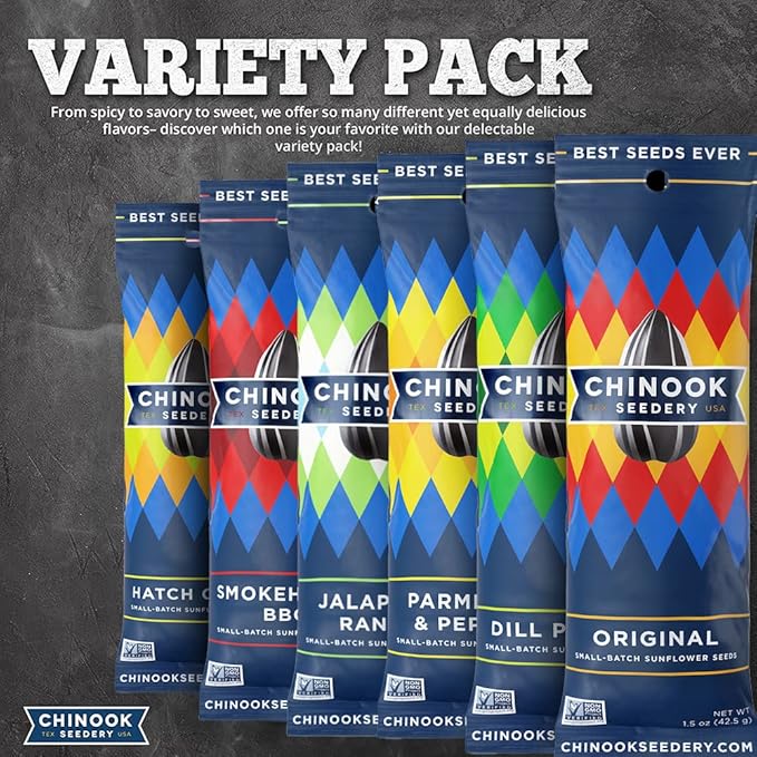 Chinook Seedery Roasted Sunflower Seeds to Eat - 8 Flavor Sampler Pack 1.5 oz (Pack of 8) Jumbo Low Sodium Sunflower Seeds Keto Snacks - Adventure, Baseball, School Snacks -Gluten Free, Non GMO Snacks