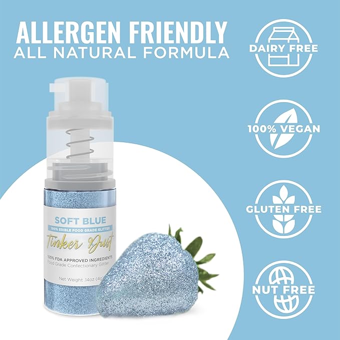 Bakell - Soft Blue Tinker Dust (4g, 1x Mini Spray Pump) Edible Glitter for Food, Desserts, and