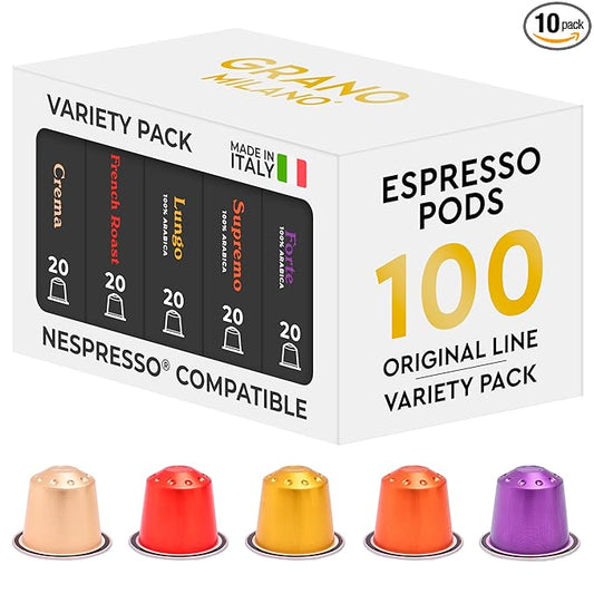 New Grano Milano Variety Pack Coffee Capsules - 100 Aluminum Coffee Pods Compatible with Nespresso Original line, Medium & Dark Roast, Made in Italy