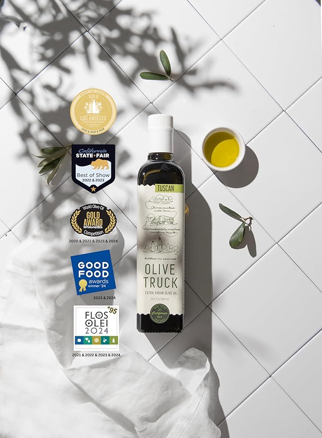 Olive Truck California Extra Virgin Olive Oil - Made from Early Harvest Olives, Authentic & Filtered, Glass Bottle, Cold-Pressed High Polyphenol Olive Oil - Frantoio (Italian) 8.45 fl oz (Pack of 1)
