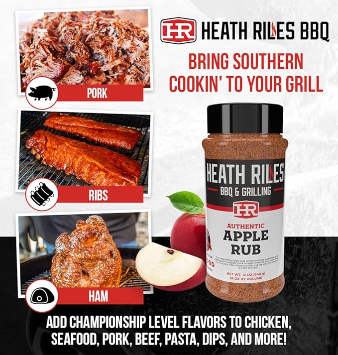 Heath Riles BBQ Rub - Apple Seasoning, Champion Pitmaster Recipe, Legendary Rubs For Smoking & Grilling, 70+ BBQ Championships, 12 oz.