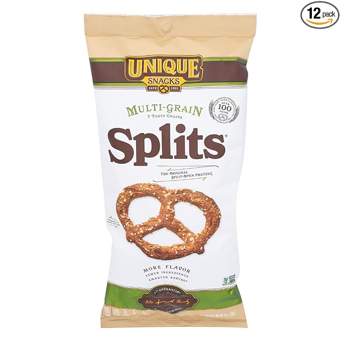 Unique Snacks Multi-Grain Splits Pretzel, Delicious Homestyle Baked Snack Bag, Vegan, OU Kosher, and Non-GMO Food, No Artificial Flavor, 11 Oz. Bag, Pack of 12