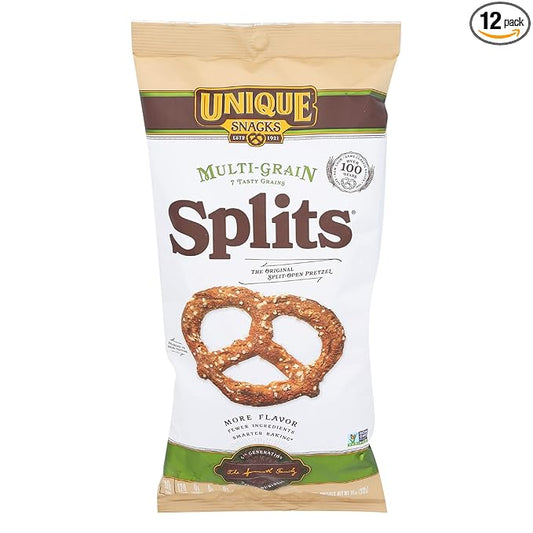 Unique Snacks Multi-Grain Splits Pretzel, Delicious Homestyle Baked Snack Bag, Vegan, OU Kosher, and Non-GMO Food, No Artificial Flavor, 11 Oz. Bag, Pack of 12