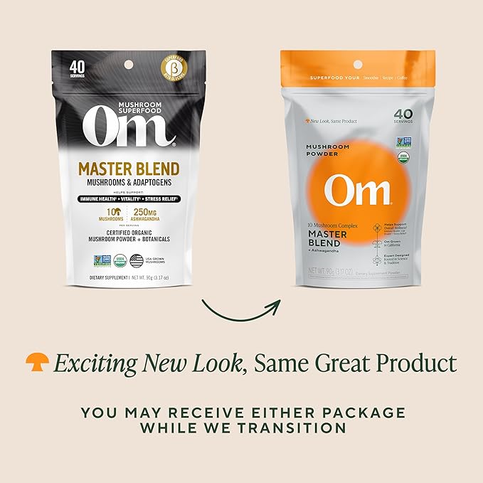 Om Master Blend Mushroom Powder ??Organic Mushroom Supplement with 10 Mushrooms and Ashwagandha - Support Immunity, Gut Health & Stress Relief, 3.17 oz (40 Servings)