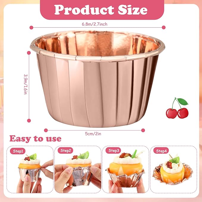 300 Pack Rose Gold Cupcake Liners Bulk Disposable Foil Muffin Cups 3.5 oz Wrappers for Baking Aluminum Paper Mini Metallic Disposable Holiday Party Wedding Festival Supply