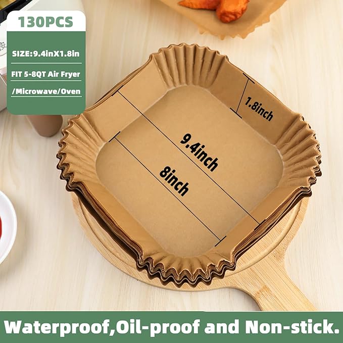 Air Fryer Liners Disposable,130Pcs LYHOLKEER 8inches Square Air Fryer Paper Liners for 5-8QT Air Fryer,Parchment Paper for 6QT COSORI 9-in-1 CAF and Ninja Pro XL 5QT AF141/AF142/6.5QT AF182/MAX AF181