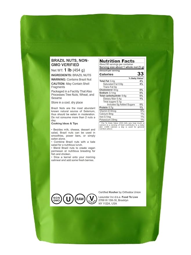 Food to Live - Brazil Nuts, 1 Pound Non-GMO Verified, Raw, Whole, No Shell, Unsalted, Kosher, Vegan, Keto and Paleo Friendly, Bulk, Good Source of Selenium, Low Sodium and Low Carb Food.