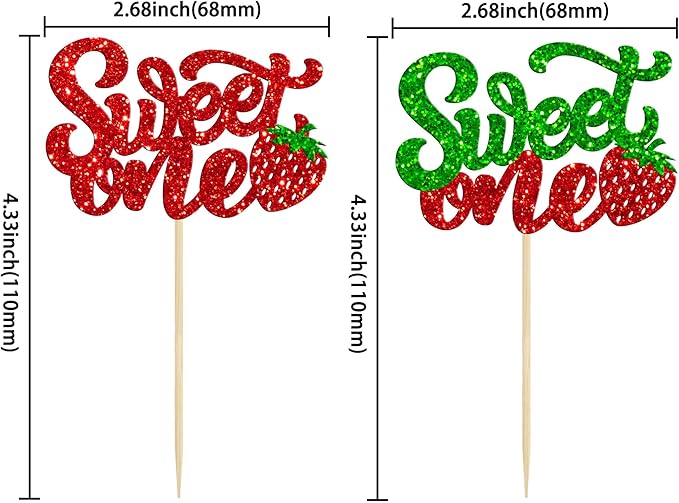 24Pcs Sweet One Cupcake Toppers Glitter Strawberry Cupcake Picks for Baby Shower Boys and Girls 1st Birthday Party Fruit Strawberry Theme Party Cake Decorations Supplies