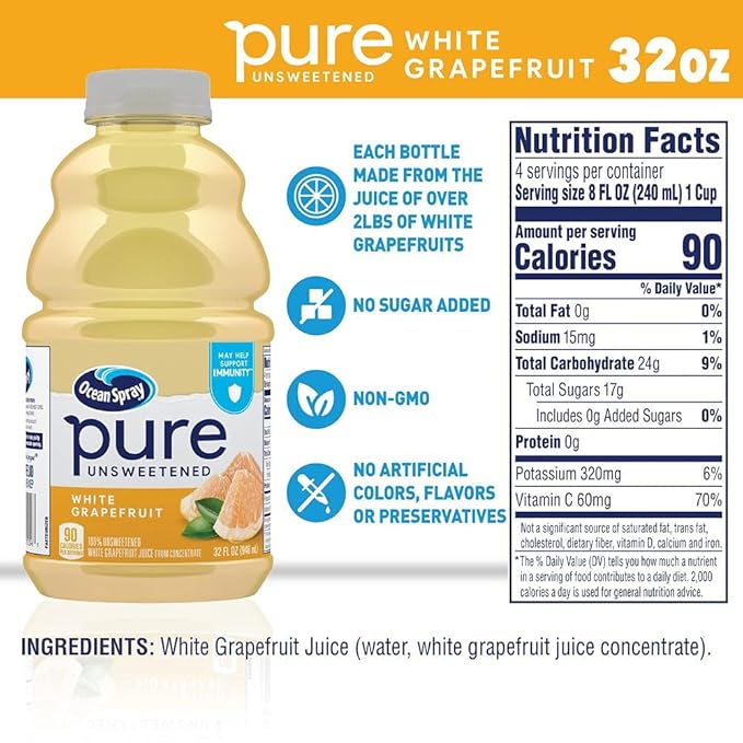 Ocean Spray® Pure Unsweetened White Grapefruit, 100% White Grapefruit Juice, 32 Fl Oz Bottle, (Pack of 8)