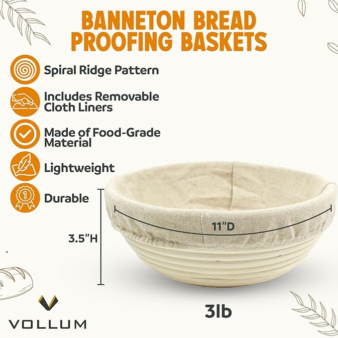 Banneton Bread Proofing Basket Sourdough Proofing Basket for Beginners & Professional Bakers, Handwoven Rattan Cane Bread Maker for Artisan Breads, 11 Inch x 3.5 Inch, 3-Pound Round Brotform