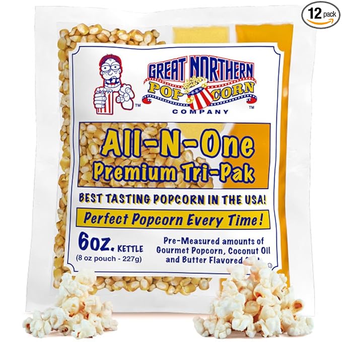 Case of 12 Popcorn Packs - All-In-One Kit with 6-Ounces of Pre-Measured Kernels, Salt, and Oil Packets for Popcorn Machines by Great Northern Popcorn