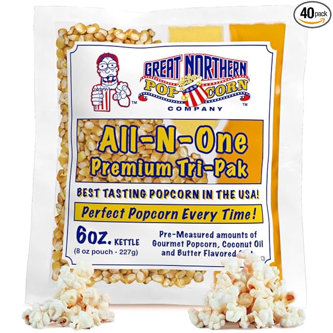 6 oz Popcorn Packs ??Pre-Measured, Movie Theater Style, All-in-One Kernel, Salt, Oil Packets for Popcorn Machines by Great Northern Popcorn (40 Case)