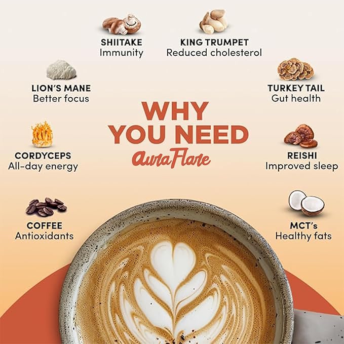 AuraFlare Organic Mushroom Coffee with 7 Adaptogens | USDA Organic Instant Coffee for Energy, Focus, Digestion, Immunity | Cordyceps, Reishi, Lion’s Mane | 30 Servings (1 Pack) + FREE FROTHER