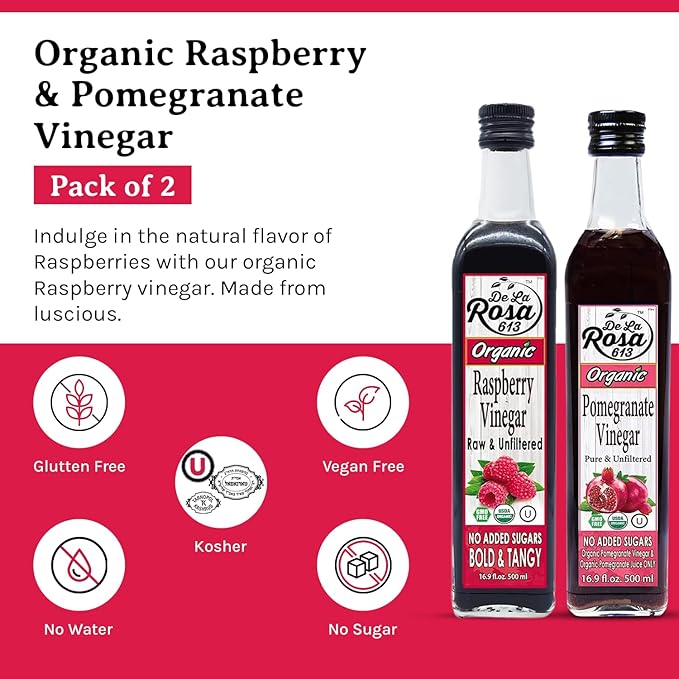 De La Rosa Organic Raspberry & Pomegranate Vinegar, Raw & Unfiltered, Vegan, Gluten Free & Kosher, Great for Organic Salad Dressing and Marinades, 100% Pure Vinegars 16.9 Oz (Pack of 2)