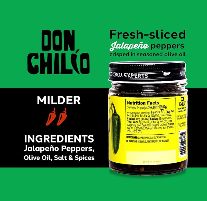 Don Chilio Mild Jalapeno Mexican Chile Crisp, 5 oz., 3 Pack – Crunchy Sliced Jalapenos Fried Chili Peppers in Hot Seasoned 100% Olive Oil – Keto-Friendly, Vegan, Gluten Free