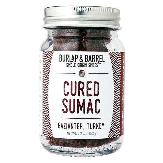 Burlap & Barrel Cured Sumac - Bright, Sour, Salty, Slightly Fermented Spice - Ground Sumac for Cooking - Savory Tartness - As Seen On Shark Tank - 2.3oz Glass Jar