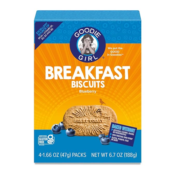 Goodie Girl, Blueberry Breakfast Biscuits | 16 Packs | Gluten Free | Plant Based | Peanut Free | Kosher | Includes 4 Boxes, 16 Packs Total