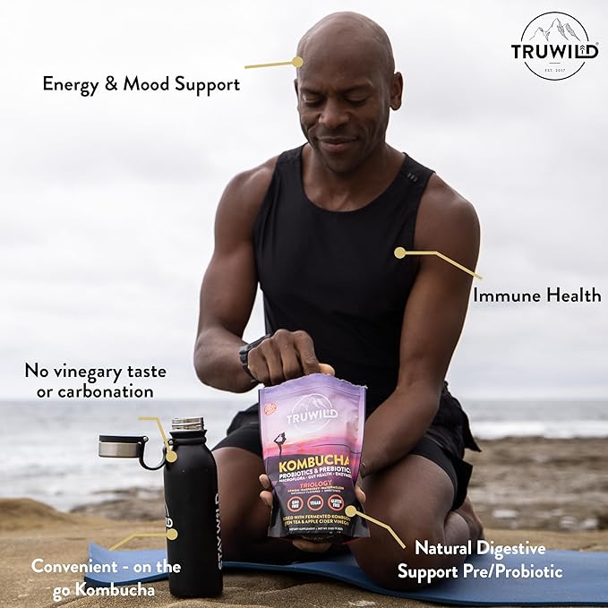TruWild Natural Kombucha Powder Probiotic Supplement Vegan Drink Mix ??Gut Health Digestive Enzymes w/Live Cultures + Apple Cider Vinegar & Prebiotics ??20 Servings