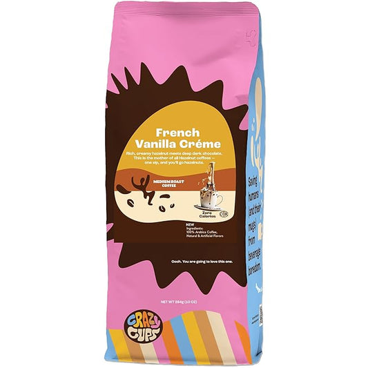 Crazy Cups Flavored Ground Coffee, French Vanilla Creme, in 10 oz Bag, For Brewing Flavored Hot or Iced Coffee