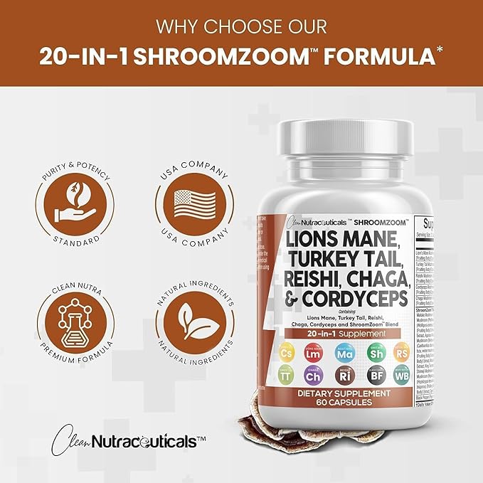 Clean Nutraceuticals Lions Mane 20in1 Mushroom Supplement with Turkey Tail Reishi Cordyceps Chaga Maitake Meshima Poria Cocos Shiitake Oyster Porcini Enoki (5)