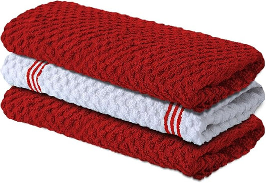 Infinitee Xclusives Premium Kitchen Towels ??Pack of 3, 100% Cotton |15 x 25| Inches Absorbent Dish Towels - Terry Kitchen Dishcloth Towels - Red Dish Cloth for Household Cleaning