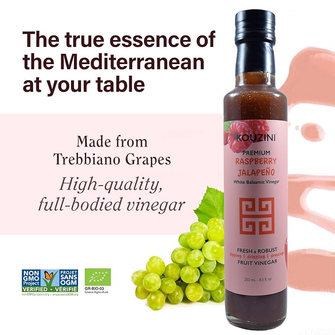Kouzini Ultra Premium Raspberry Jalapeno Fruit White Balsamic Vinegar, Aged Balsamic Vinegars from Modena, Italy, Premium, Smooth & Full-Bodied Flavor, 250ml Bottle