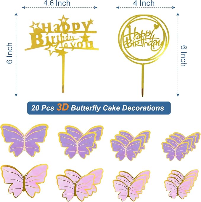 28 Pcs Happy Birthday and Butterfly Cake Toppers Set, Acrylic Gold Birthday Cupcake Toppers, Butterfly Cake Decorations