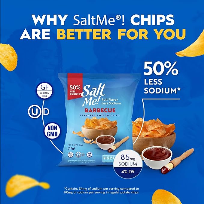 SaltMe! BBQ Potato Chips - 24 count 1oz Bags - 50% Less Sodium, Kosher, Non-GMO, Gluten Free - Less Salt, Great Flavor