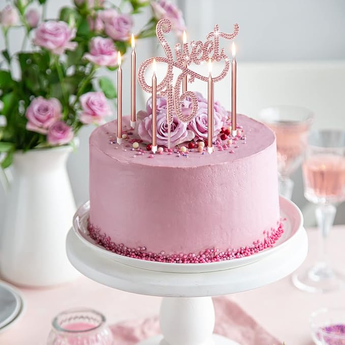 Tondiamo Sweet 16 Birthday Decorations Rhinestone Sweet 16 Cake Toppers 20 Pcs Metallic Happy Birthday Candles 16 Cake Decorations for Cupcake Decor(Pink)