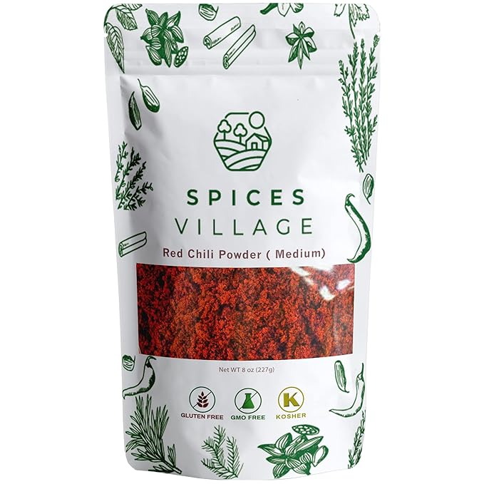 Spices Village Red Chili Powder, Medium Hot Ground Red Peppers for Cooking, 8 oz, Kosher Certified, Indian Chili Seasoning, Gluten Free, Non GMO, Cayenne Pepper Powder, Resealable Bulk Bag