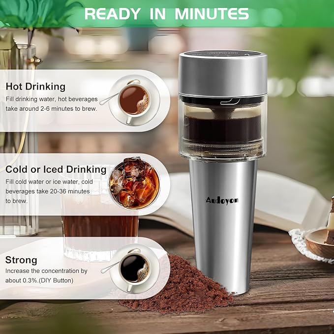 Coffee & Tea Maker, Portable Cold Brew Coffee Machine, Rapid Tea Brewer 16oz Hot & Iced, Rechargeable+Self Clean+Ultra-Fine Stainless Tea Strainer for Camping, Travel, Office & RV