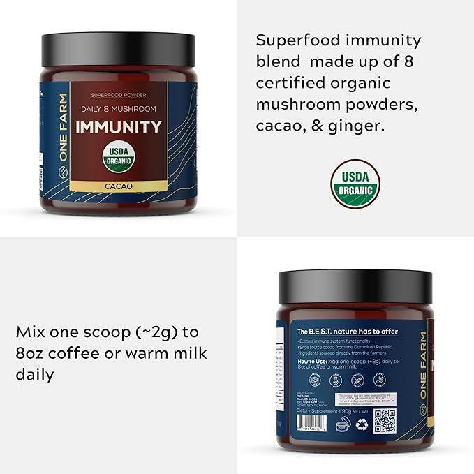 Organic Cacao & 8 Mushroom Immunity Powder ??Non-GMO, Vegan, Raw Rizek Cacao & Functional Mushrooms like Reishi, Chaga, Lion?™s Mane ??In Resealable Glass Jars