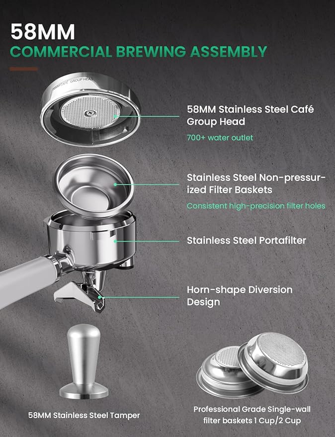 Espresso Machine with Grinder, Multifunctional Espresso Machine with Powerful Milk Frother 58MM Cafì±?Level Espresso Coffee Machine 15 Bar Cappuccino & Latte Machine for Home Stainless Steel
