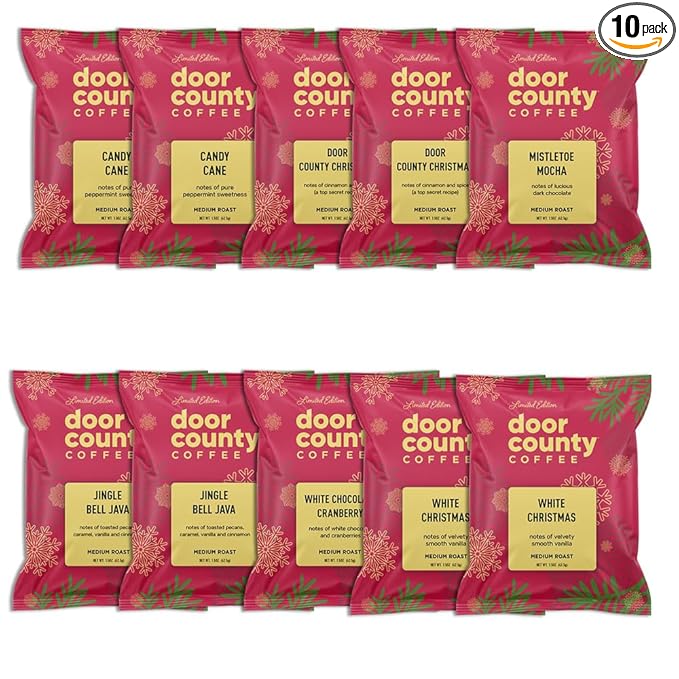 Gourmet Flavored Holiday Coffee Sampler Pack - 10 Bags of Unique Flavored Coffees ??100% Specialty Grade 1 Arabica -1.5 oz Full-Pot Bags - Roasted by Door County Coffee