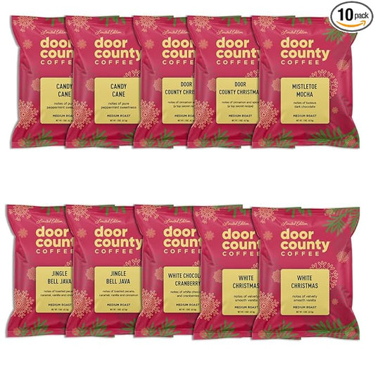 Gourmet Flavored Holiday Coffee Sampler Pack - 10 Bags of Unique Flavored Coffees ??100% Specialty Grade 1 Arabica -1.5 oz Full-Pot Bags - Roasted by Door County Coffee