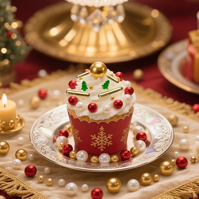 Twisweet Christmas Sprinkles, Gold and Red Pearls for Cake Decorating, Edible Christmas Tree Sugar Sprinkles for Baking, Candy Pearls Rods Mix, Cake Topper Ice Cream Cupcake Cookie Toppings Dessert Decorations, Xmas Party Supplies (130g/4.58oz)