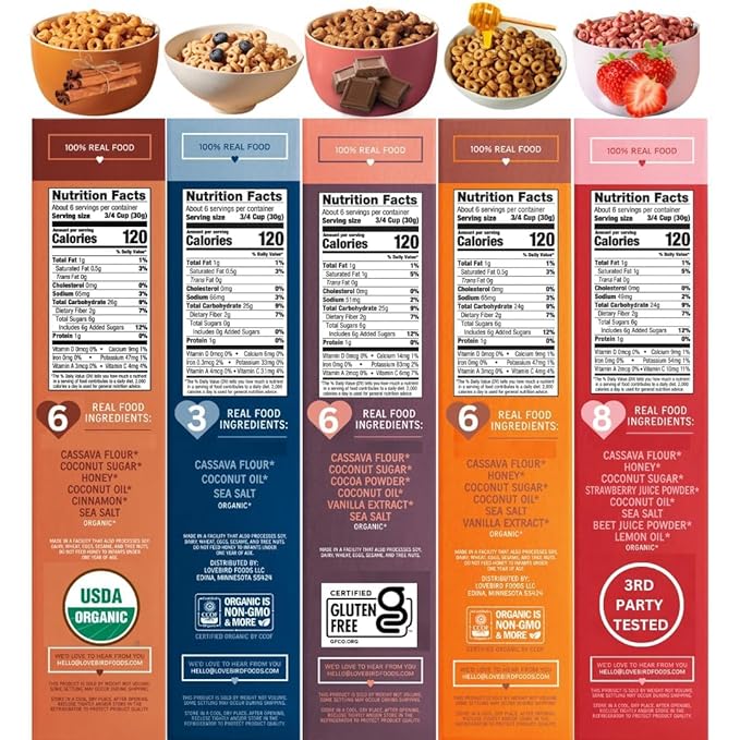 Lovebird Organic Gluten Free Cereal, Sampler Pack ??Prebiotic Fiber, Gut Health, Low Sugar, Grain Free, Breakfast or Snack ??Healthy Cereal Made With Real Food, 5 Pack, Kids & Adults