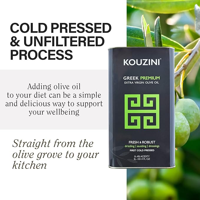 Kouzini Greek Premium Extra Virgin Olive Oil, 3 Liter Tin, Cold Pressed, Single Origin, Rich Flavor & Aroma