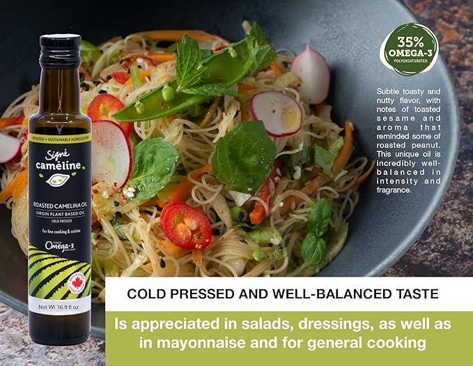 Signé Caméline, Cold-Pressed Roasted Camelina Oil, 16.90 fl oz. Sesame oil substitute. Notes of Roasted hazelnuts, Asian cuisine, Ramen noodles, Sushi, Sautés. Product of Canada.