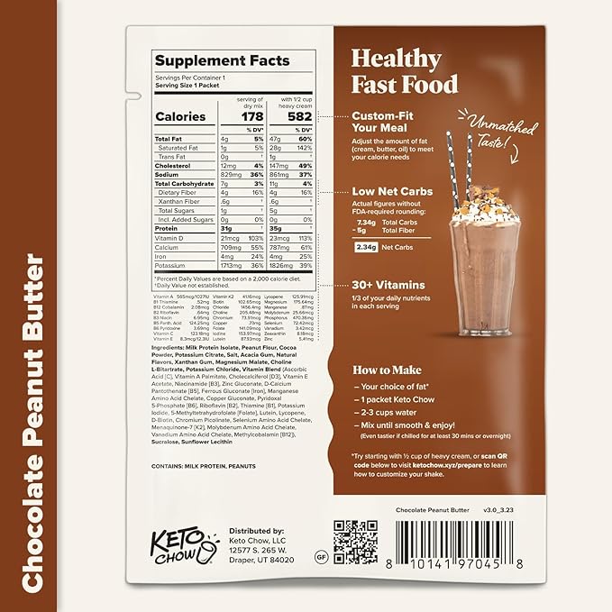 Keto Chow Chocolate Peanut Butter | Keto Meal Replacement Shake Powder | Nutritionally Complete | Low Carb | Delicious Easy Meal Substitute | Protein Rich You Choose The Fat | 21 Meal Serving
