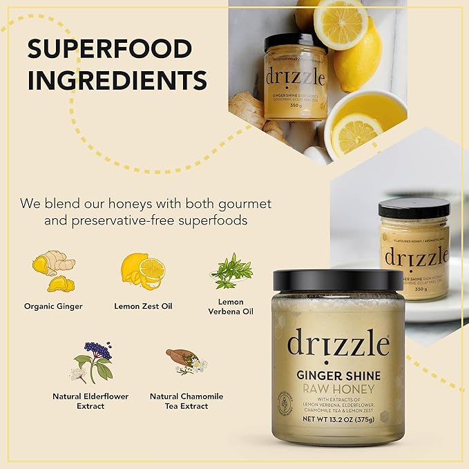 Drizzle Ginger Shine Raw Honey - All Natural Pure Raw Honey with Organic Ginger, Unfiltered & Unheated, Use in Tea & Coffee, Sugar Substitute, Certified Kosher - 13.2 oz Jar (375 g), Pack of 2
