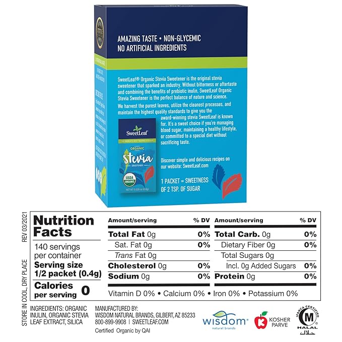 SweetLeaf Organic Stevia Packets - Zero Calorie Stevia Powder, No Bitter Aftertaste, Sugar Substitute for Keto Coffee, Nothing Artificial, Non-GMO Stevia Sweetener Packets, 70 Count (Pack of 2)