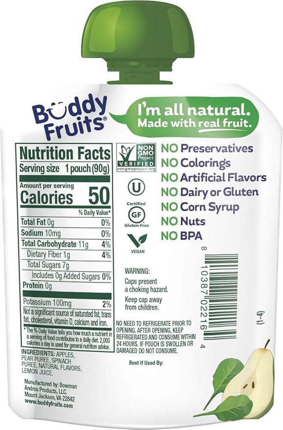 Buddy Fruits & Veggies Snacks To Go Pear Spinach Unsweetened Applesauce 3.2oz Pouch (18pk) Gluten-Nut-Dairy-Preservatives-BPA Free, Non GMO, Kosher