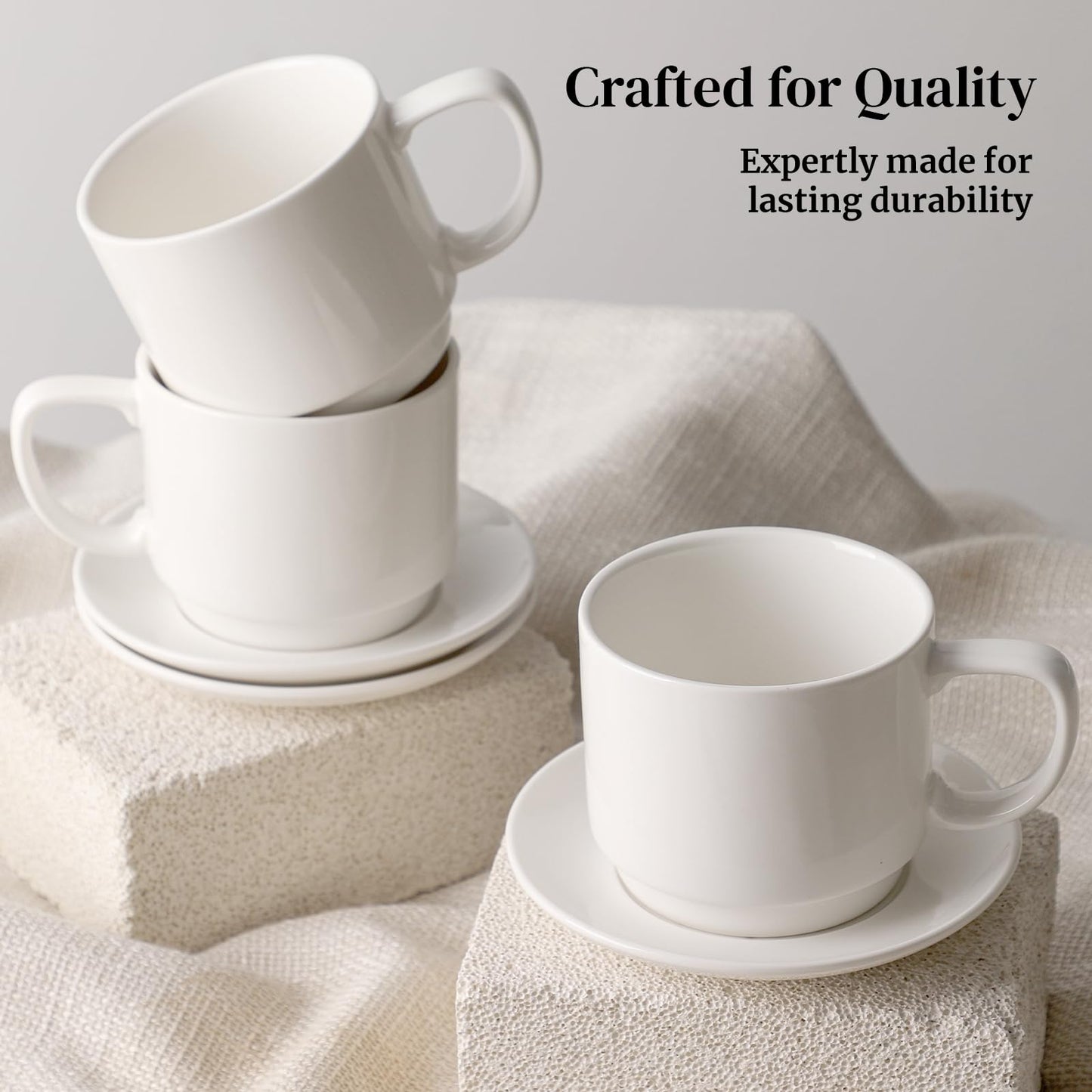 DOWAN 12oz Coffee Mugs, Cappuccino Cup and Saucer Set of 4, White Ceramic Coffee Cups for