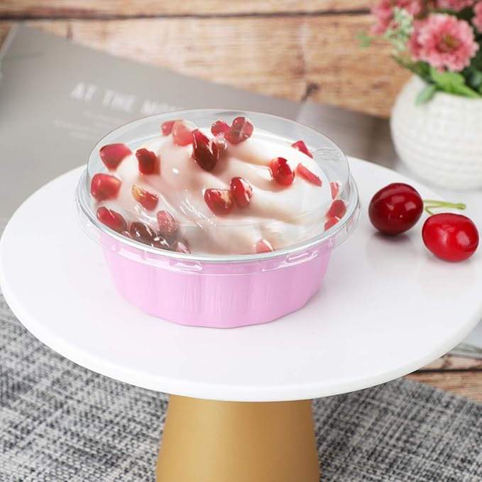 Beasea 8 oz 50 Pack Disposable Ramekins with Lids - Pink Aluminum Foil Cups for Creme Brulee, Muffin, Cupcake, Pudding, Party, Wedding, Birthday Baking